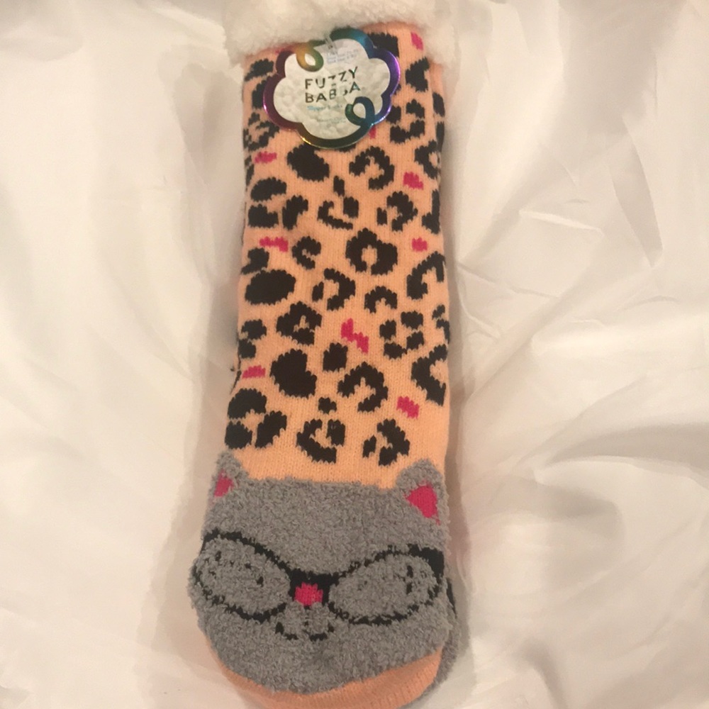 Fuzzy Babba Slipper Socks NWT Smart Cat Orange Black Pink